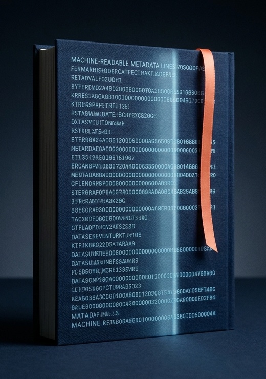 A hardcover book seen from the back, its machine-readable metadata lit by a scanning beam