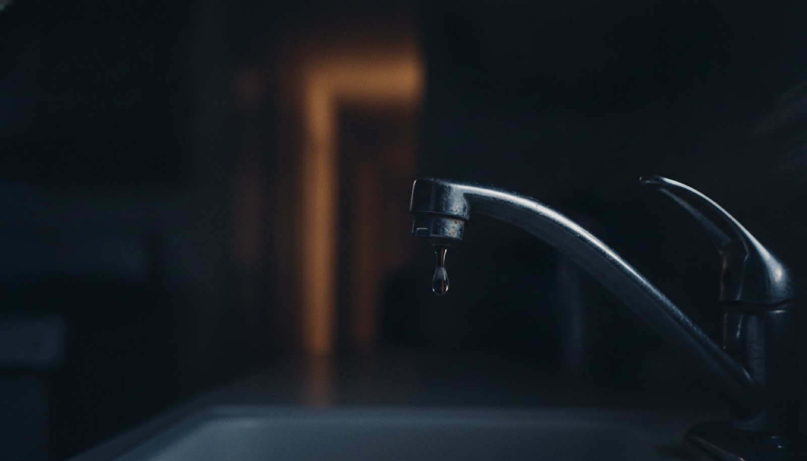 A kitchen faucet dripping in a dark kitchen at night