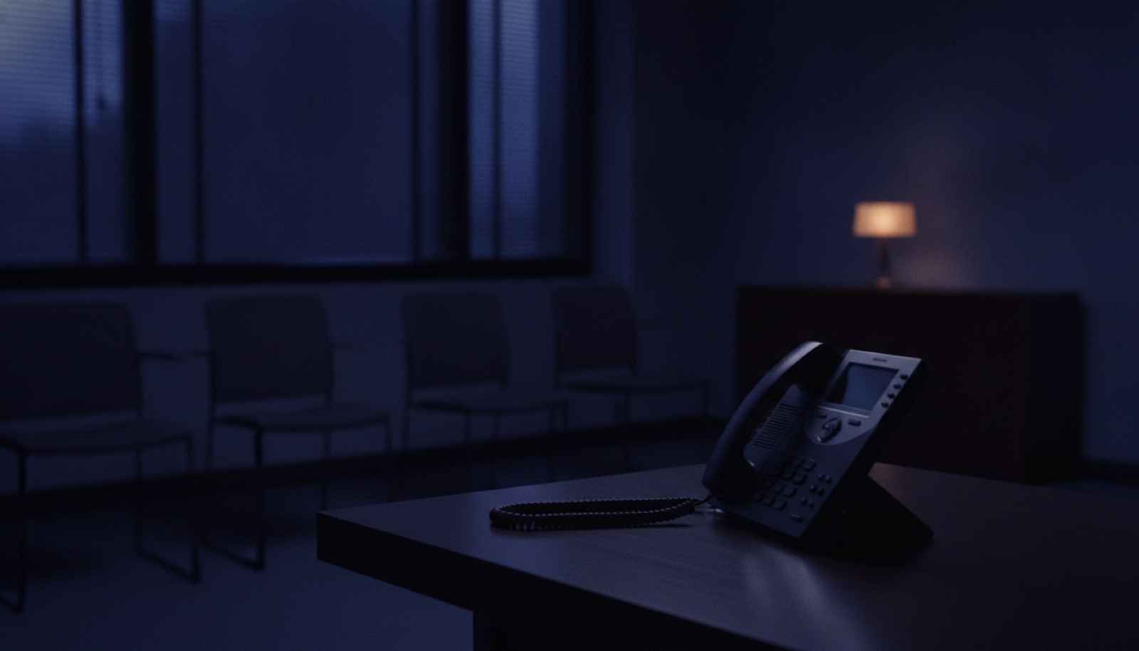 An unanswered office phone on a reception desk after hours